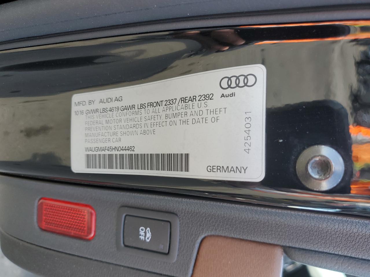 2017 Audi A4 Ultra Premium VIN: WAUGMAF45HN044462 Lot: 81770505