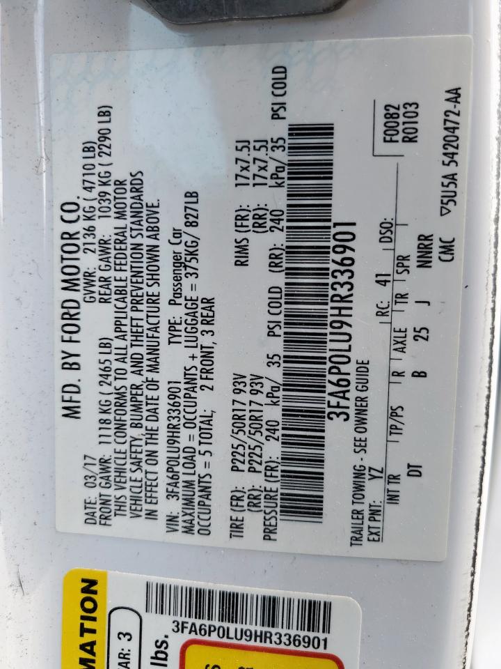 2017 Ford Fusion Se Hybrid VIN: 3FA6P0LU9HR336901 Lot: 80750445