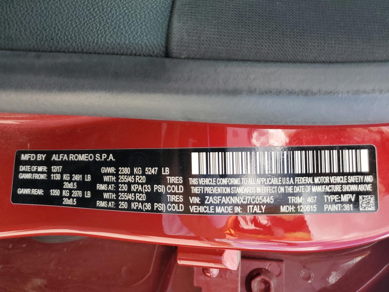 2018 Alfa Romeo Stelvio Ti Sport VIN: ZASFAKNNXJ7C05445 Lot: 70913405