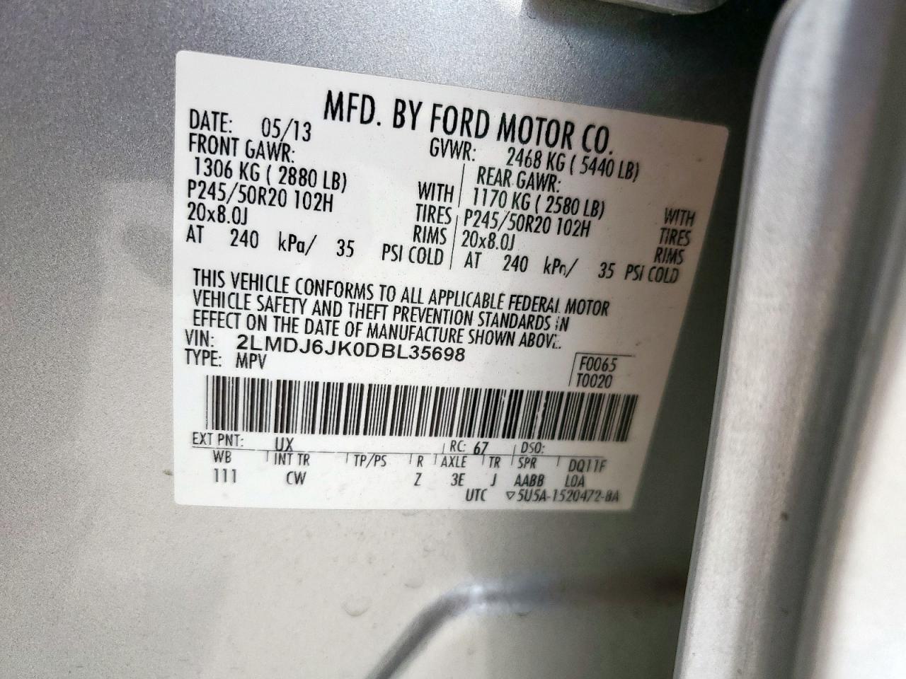 2013 Lincoln Mkx VIN: 2LMDJ6JK0DBL35698 Lot: 84189205