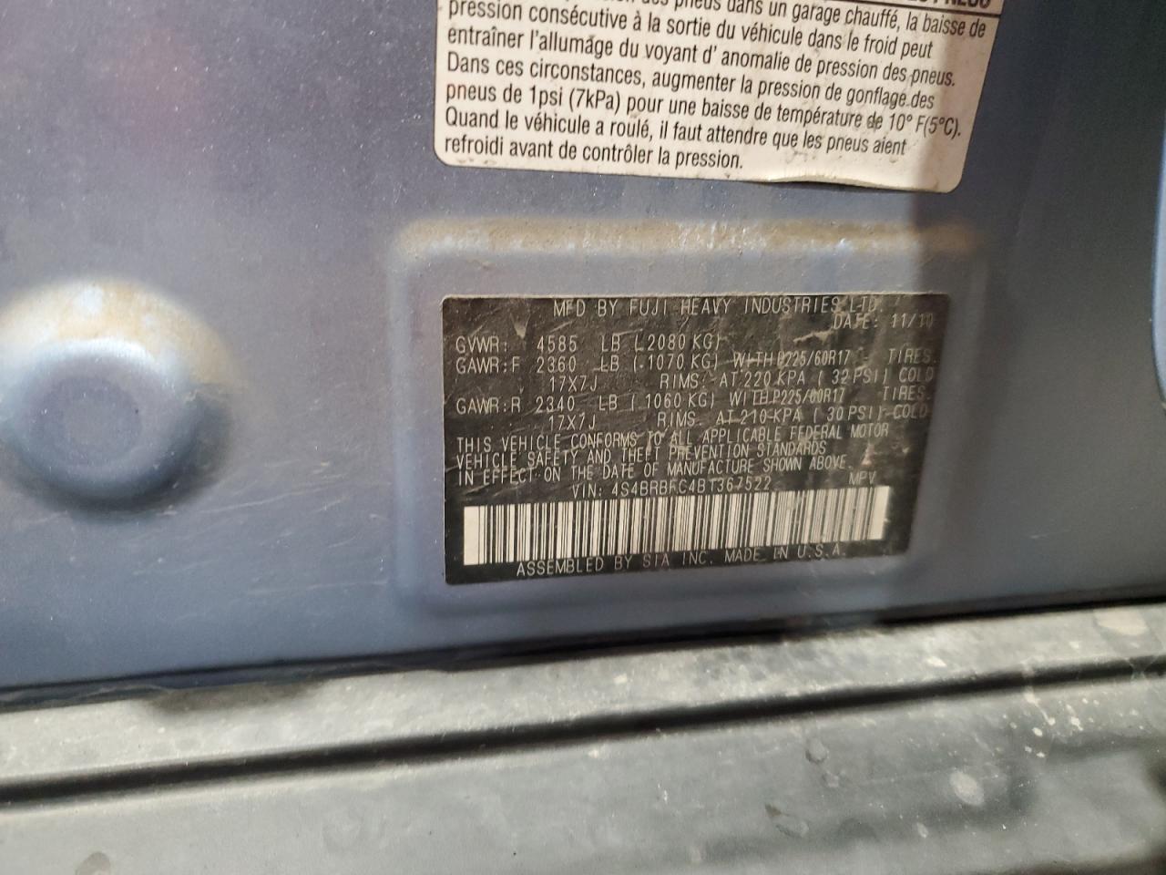 2011 Subaru Outback 2.5I Premium VIN: 4S4BRBFC4B1367522 Lot: 83789165