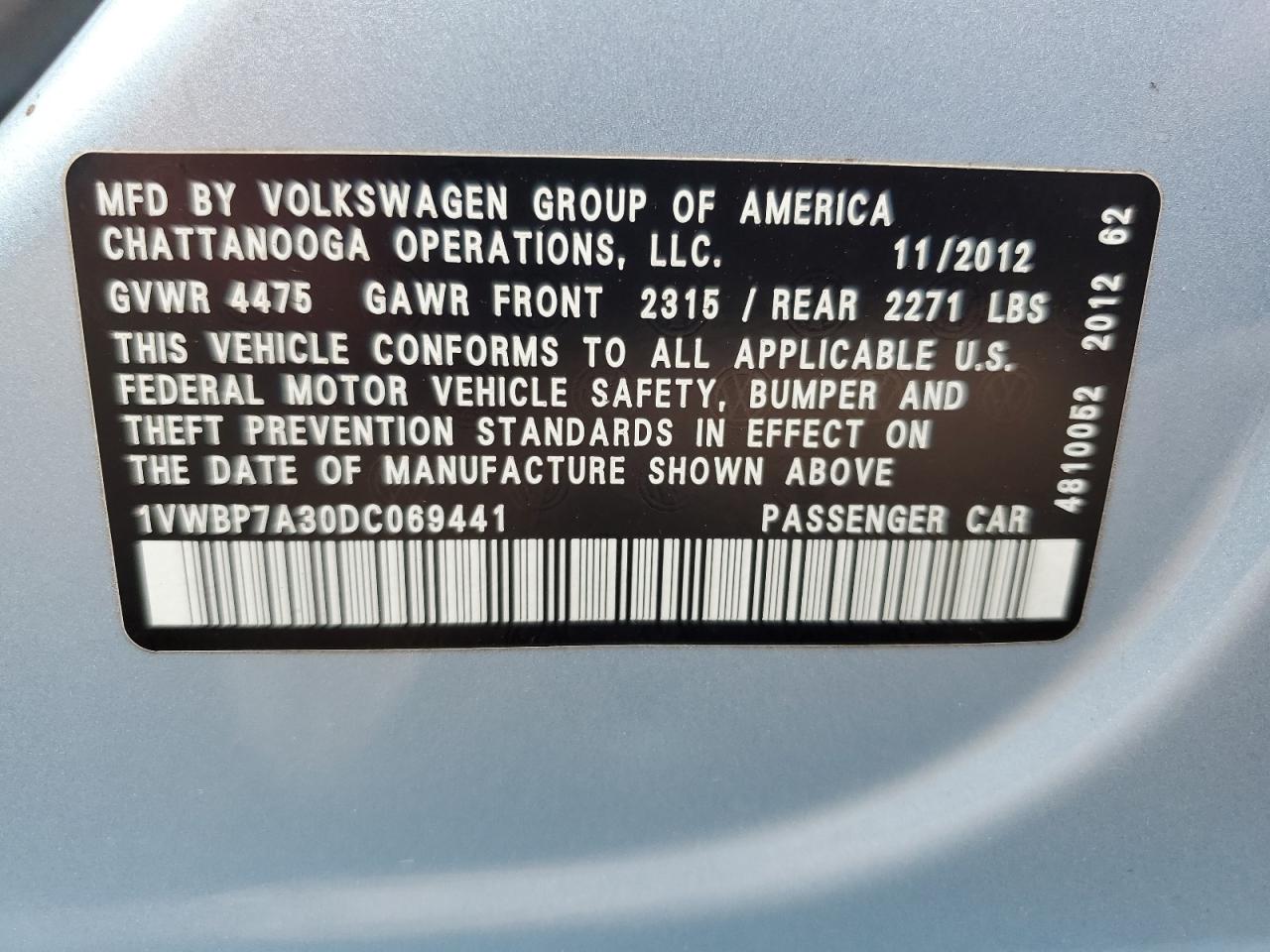 2013 Volkswagen Passat Se VIN: 1VWBP7A30DC069441 Lot: 71468175