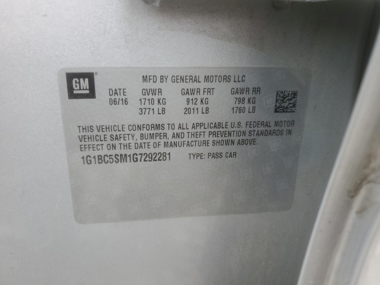2016 Chevrolet Cruze Ls VIN: 1G1BC5SM1G7292281 Lot: 83784795