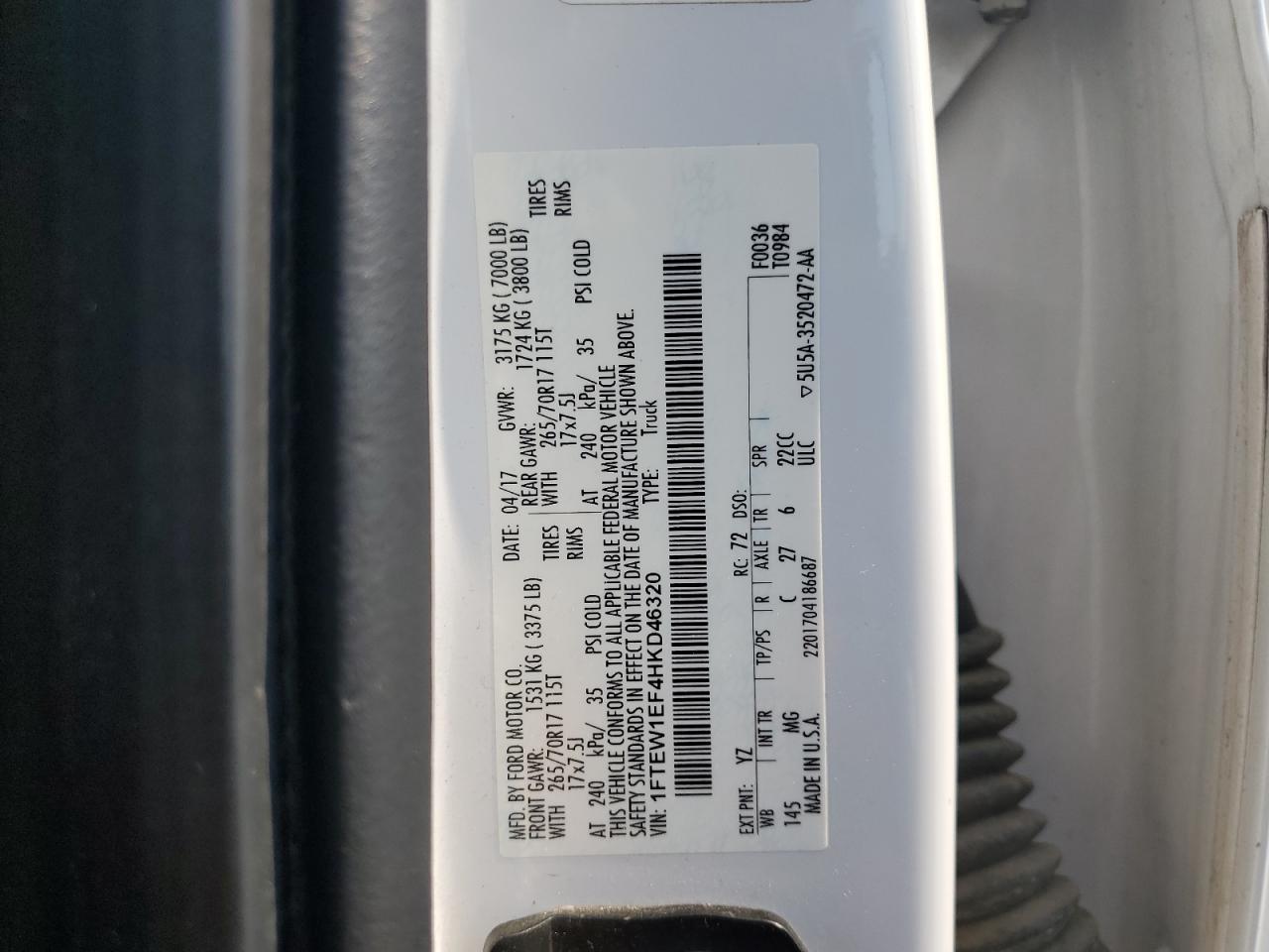 2017 Ford F150 Supercrew VIN: 1FTEW1EF4HKD46320 Lot: 71484655