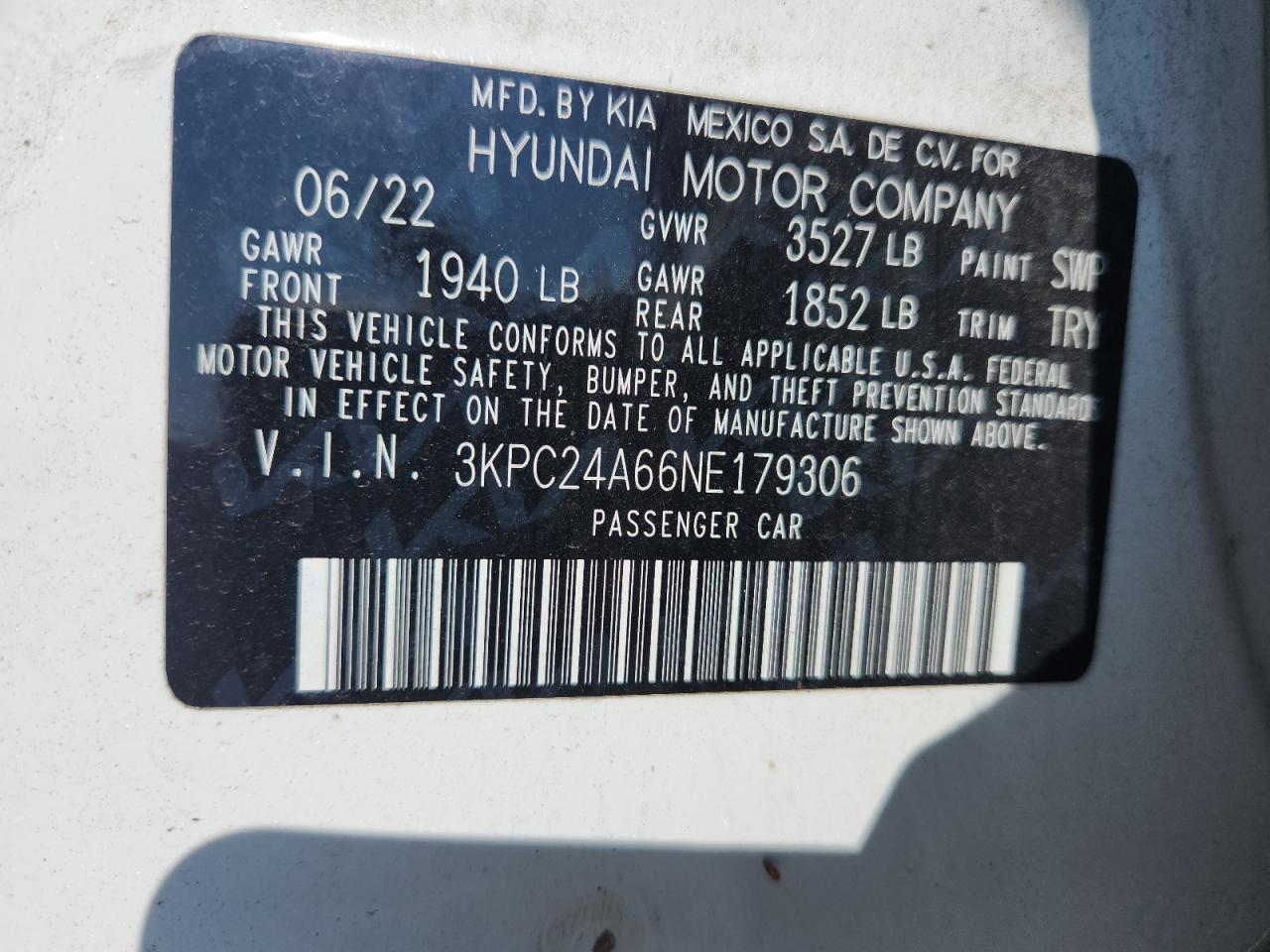 2022 Hyundai Accent Se VIN: 3KPC24A66NE179306 Lot: 80671615