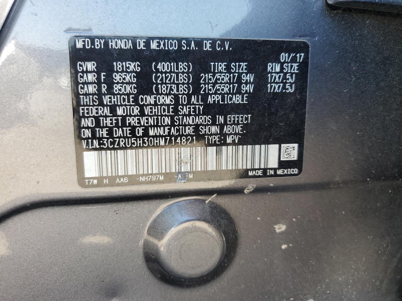 2017 Honda Hr-V Lx VIN: 3CZRU5H30HM714821 Lot: 71247115