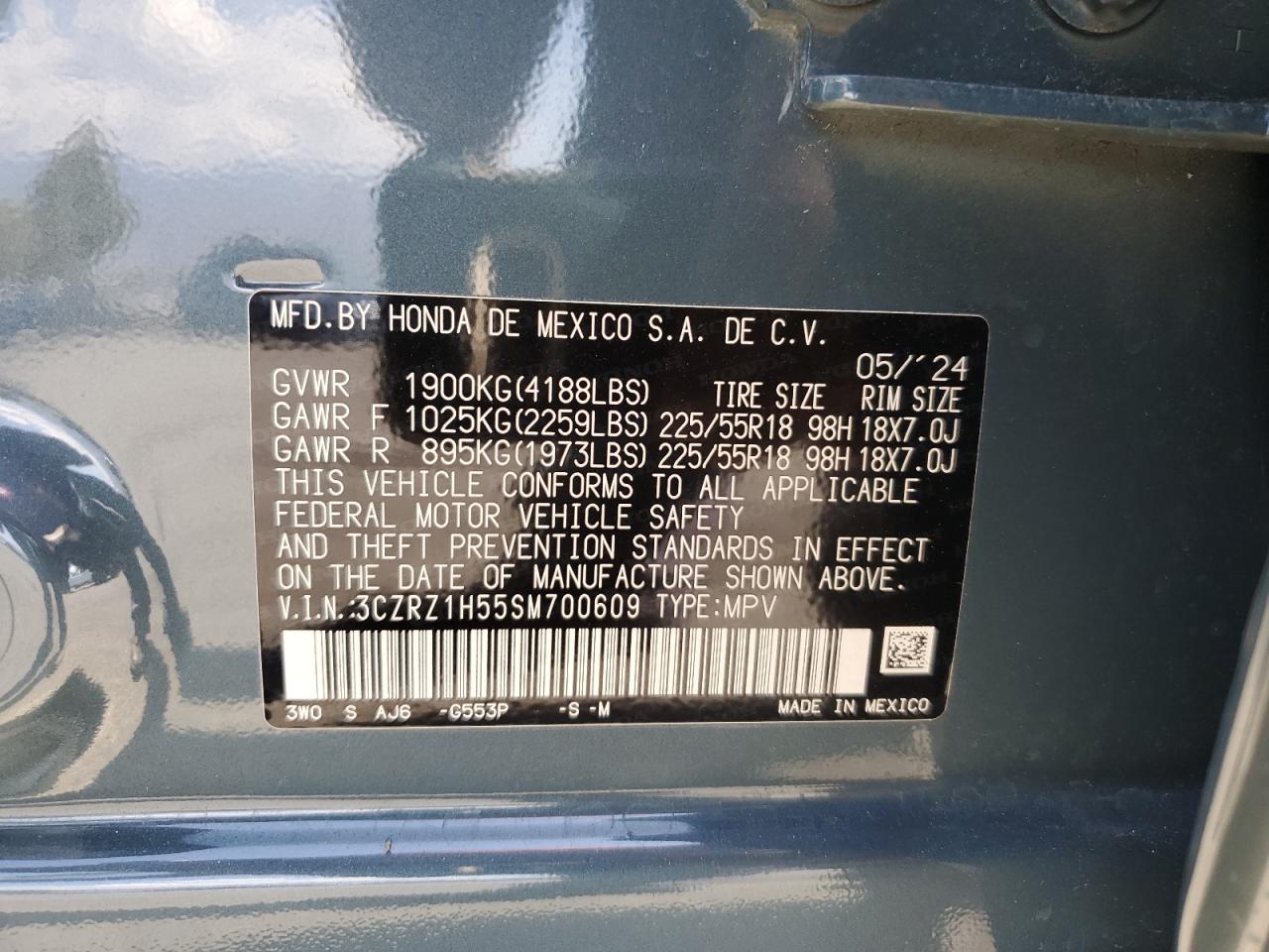 2025 Honda Hr-V Sport VIN: 3CZRZ1H55SM700609 Lot: 71555105