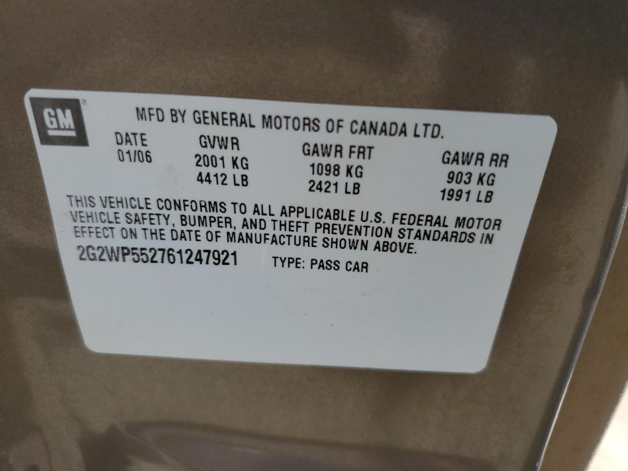 2006 Pontiac Grand Prix VIN: 2G2WP552761247921 Lot: 80216525