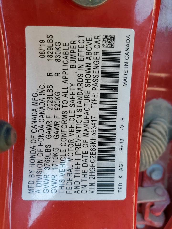 2019 Honda Civic Sport VIN: 2HGFC2E89KH593417 Lot: 83978875