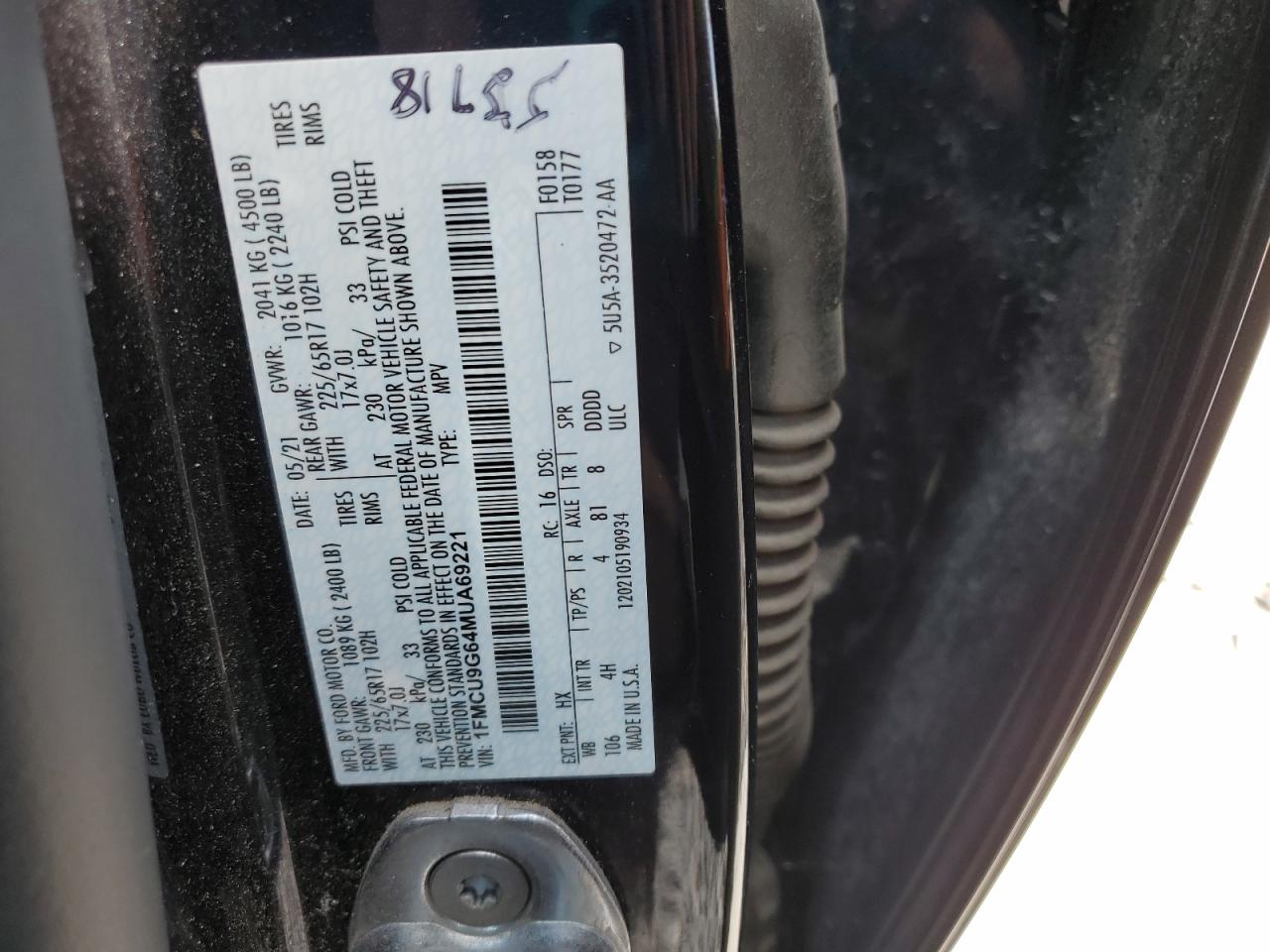 2021 Ford Escape Se VIN: 1FMCU9G64MUA69221 Lot: 70938275