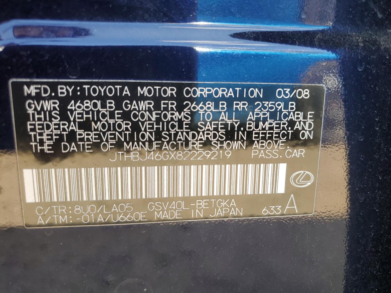 2008 Lexus Es 350 VIN: JTHBJ46GX82229219 Lot: 70749425