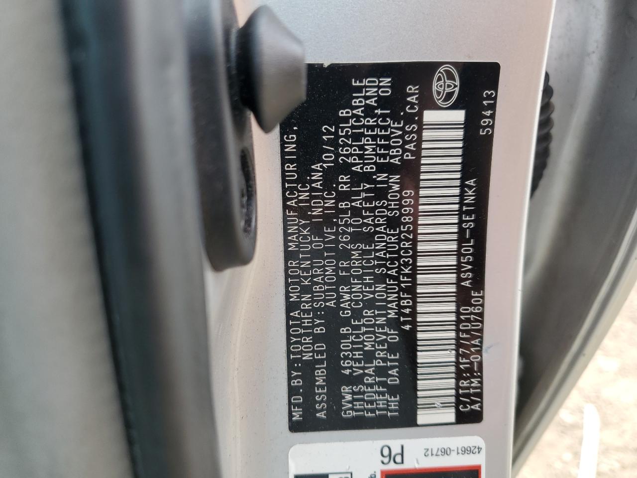 2012 Toyota Camry Base VIN: 4T4BF1FK3CR258999 Lot: 81526605