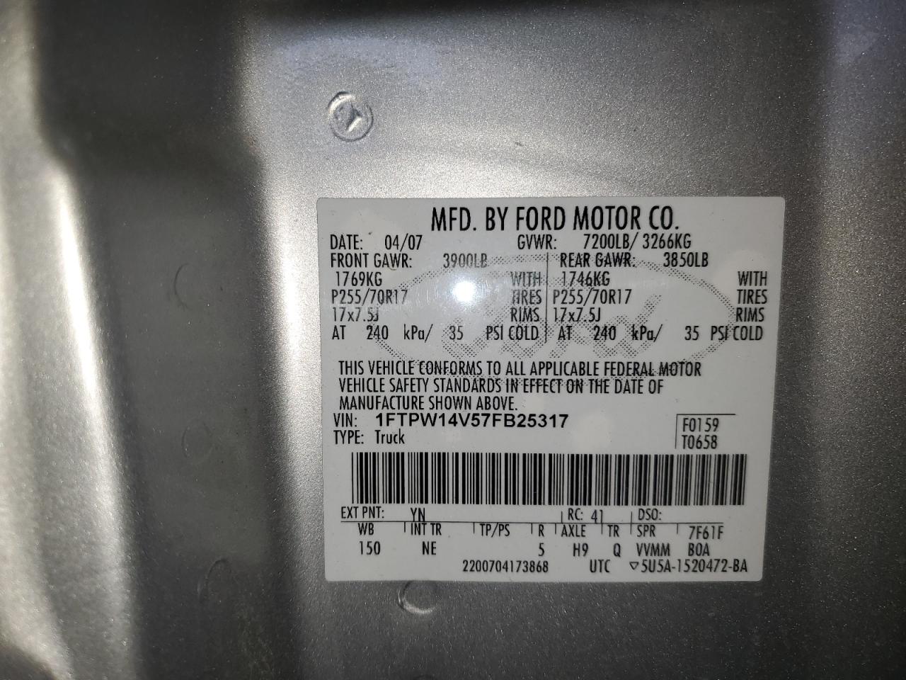 2007 Ford F150 Supercrew VIN: 1FTPW14V57FB25317 Lot: 71535205
