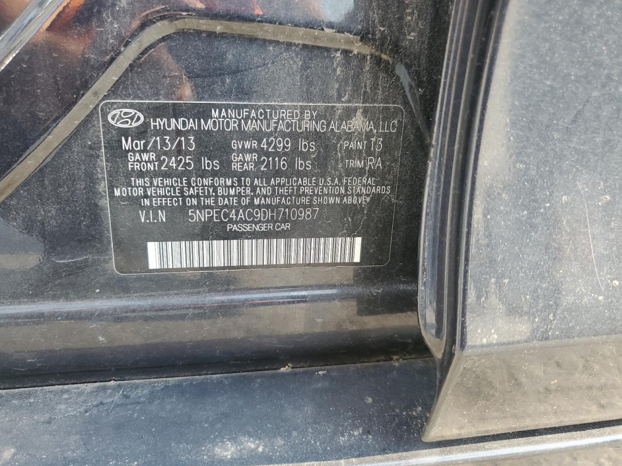 2013 Hyundai Sonata Se VIN: 5NPEC4AC9DH710987 Lot: 80327005