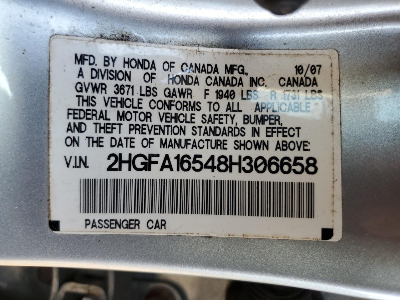 2008 Honda Civic Lx VIN: 2HGFA16548H306658 Lot: 80739125