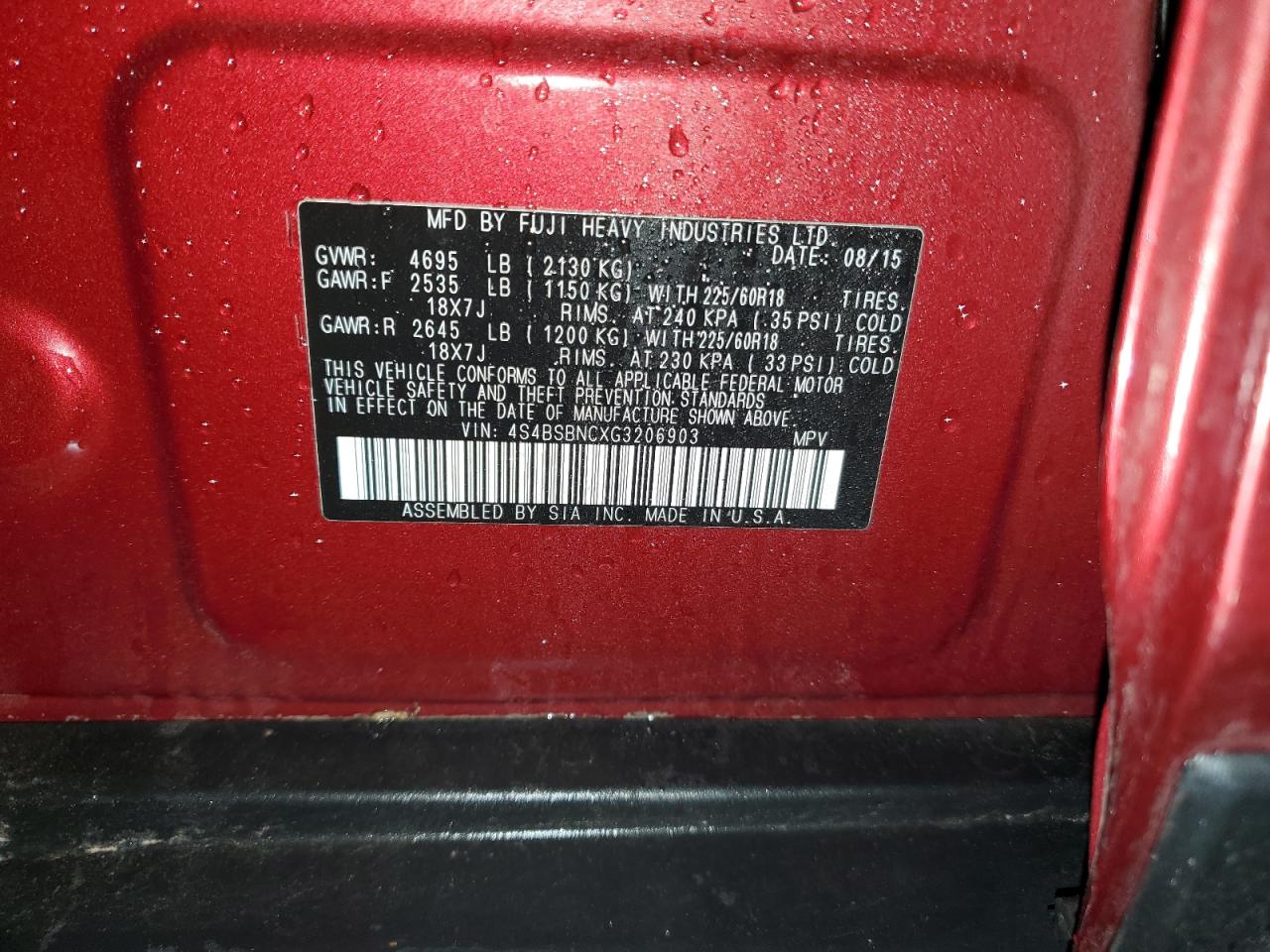 2016 Subaru Outback 2.5I Limited VIN: 4S4BSBNCXG3206903 Lot: 70870785