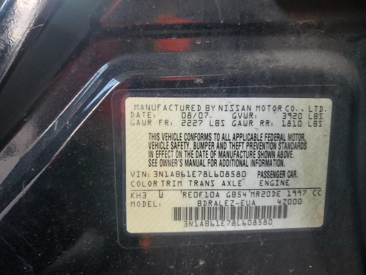 2008 Nissan Sentra 2.0 VIN: 3N1AB61E78L608580 Lot: 71197285
