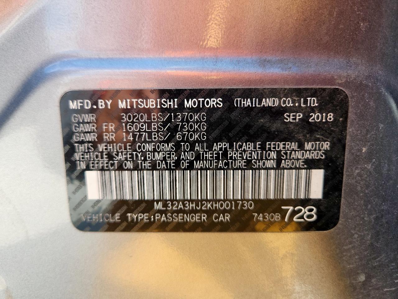 2019 Mitsubishi Mirage Es VIN: ML32A3HJ2KH001730 Lot: 83850215