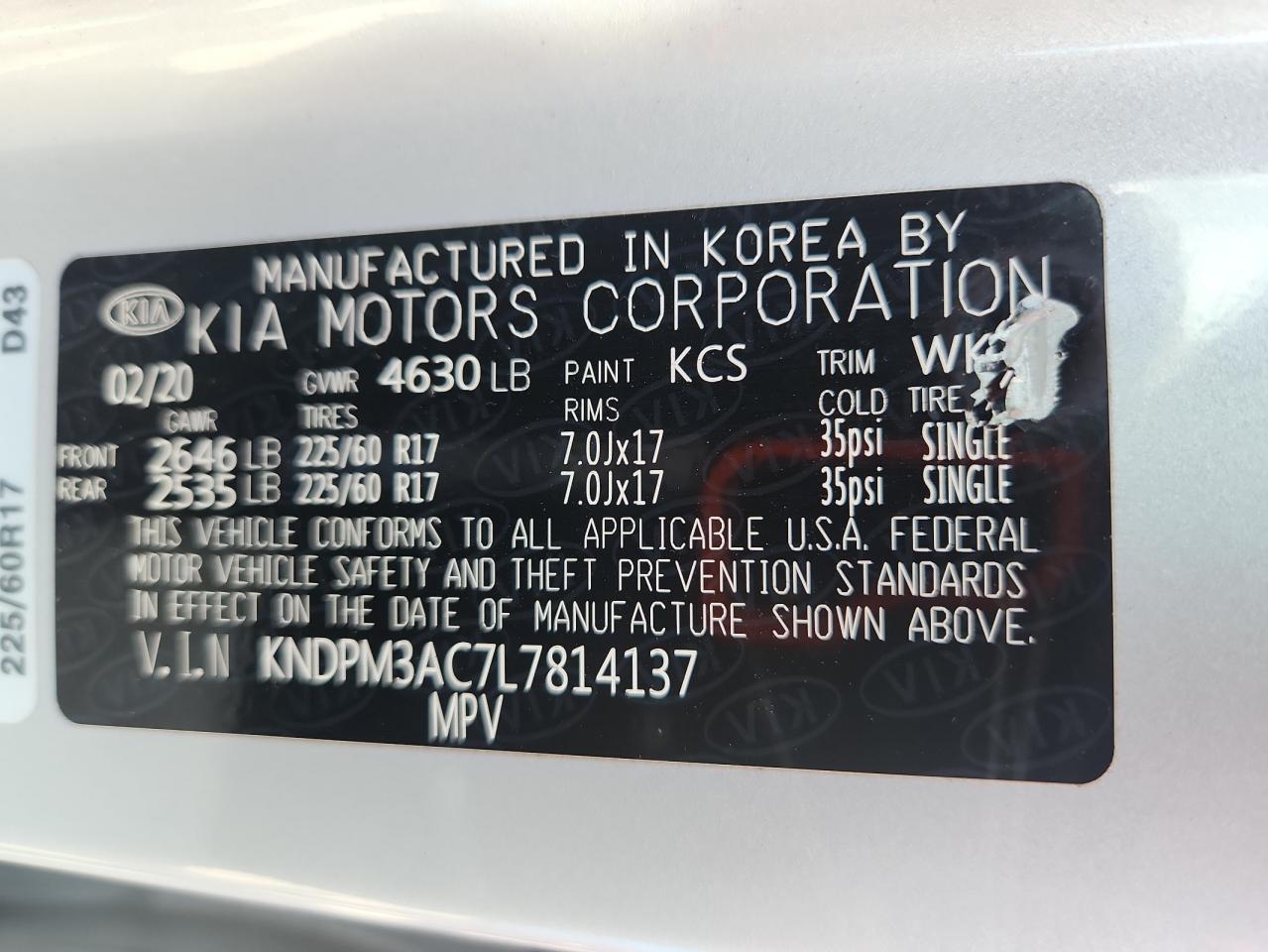 2020 Kia Sportage Lx VIN: KNDPM3AC7L7814137 Lot: 71999305