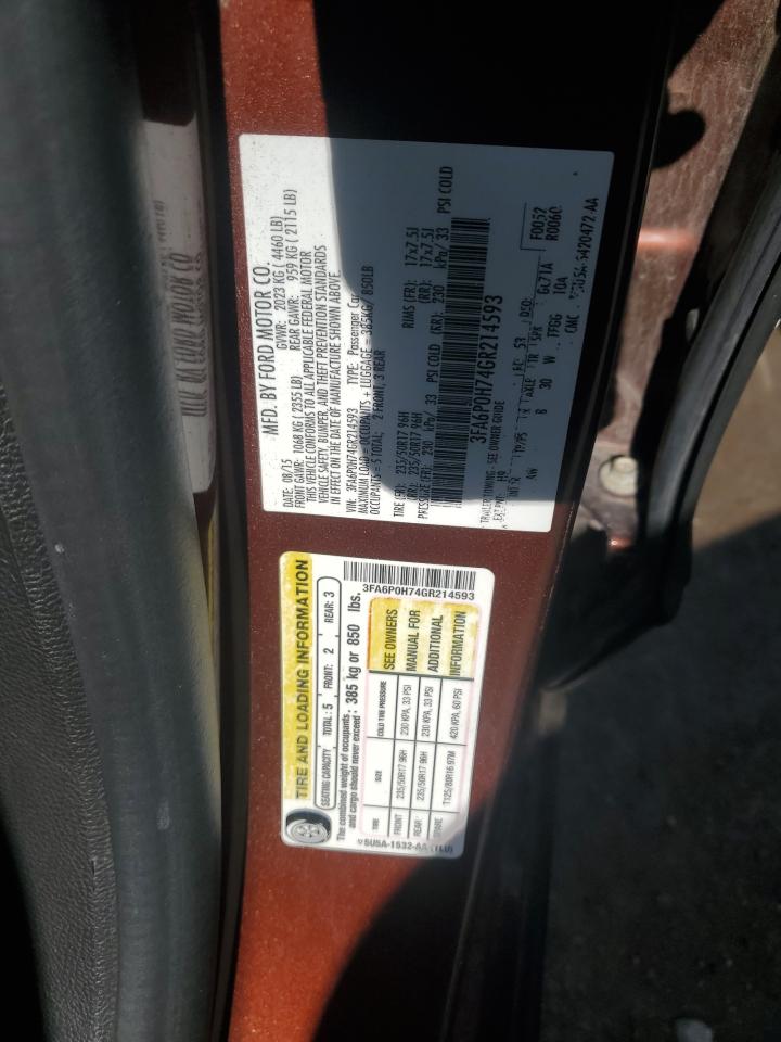 2016 Ford Fusion Se VIN: 3FA6P0H74GR214593 Lot: 84174715