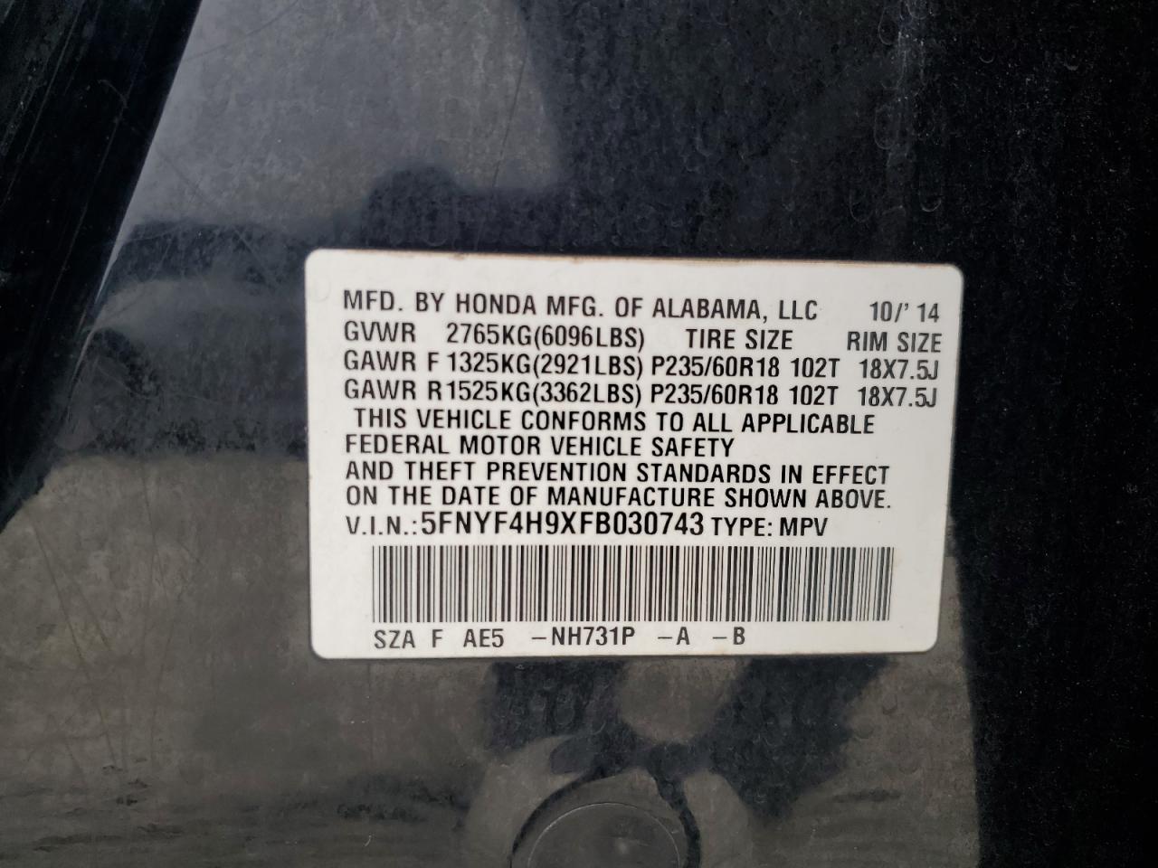 2015 Honda Pilot Touring VIN: 5FNYF4H9XFB030743 Lot: 84419905