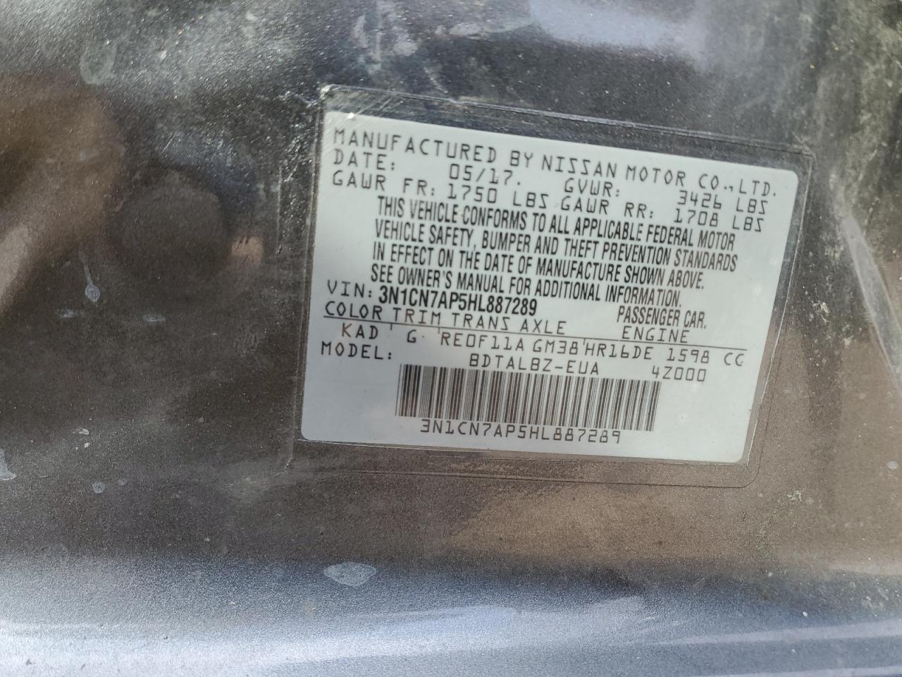 2017 Nissan Versa S VIN: 3N1CN7AP5HL887289 Lot: 81277815