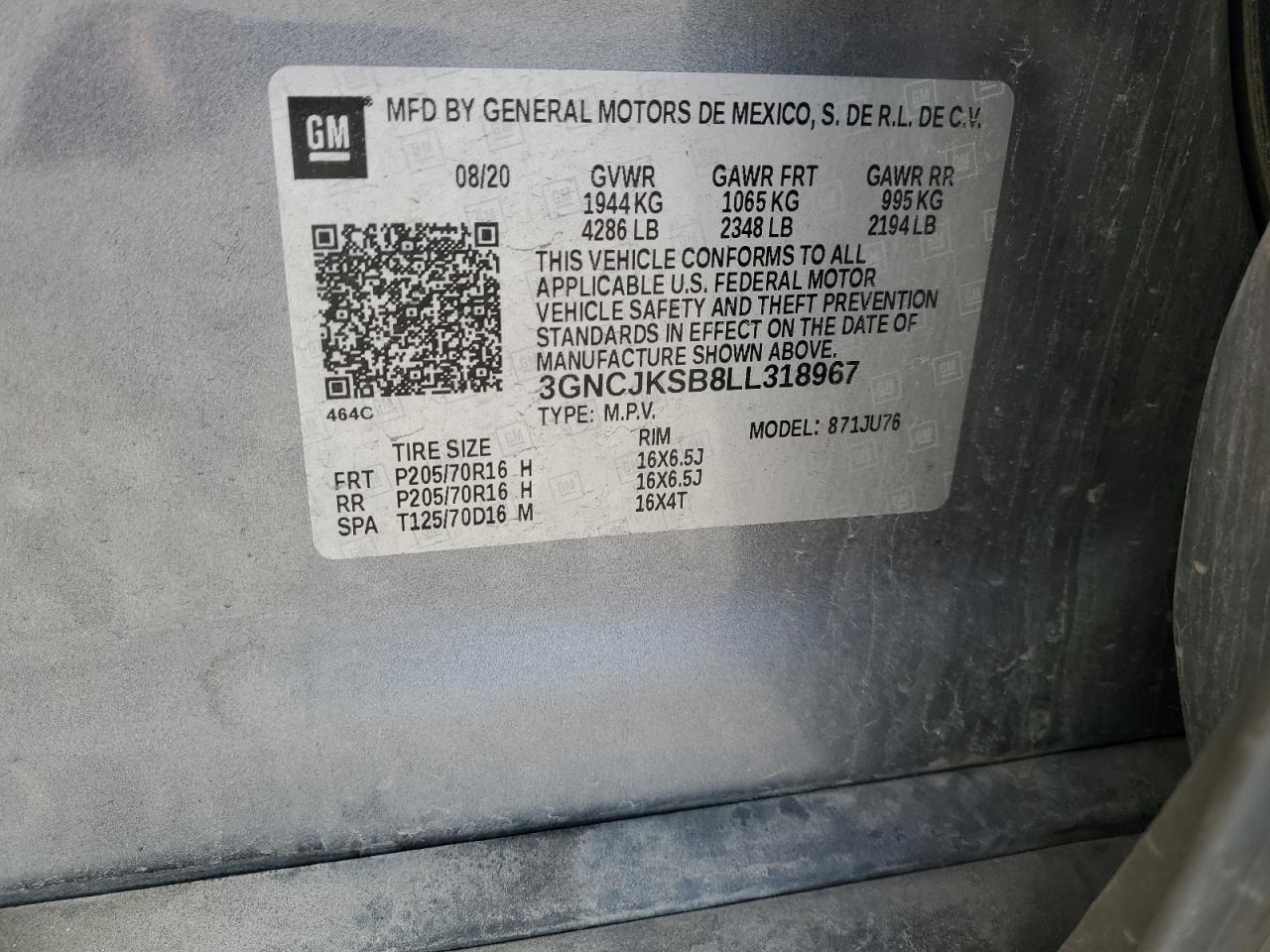 2020 Chevrolet Trax Ls VIN: 3GNCJKSB8LL318967 Lot: 81805835