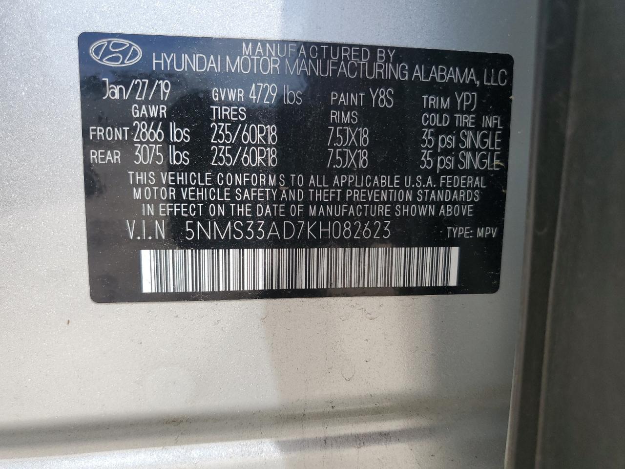 2019 Hyundai Santa Fe Sel VIN: 5NMS33AD7KH082623 Lot: 71642755