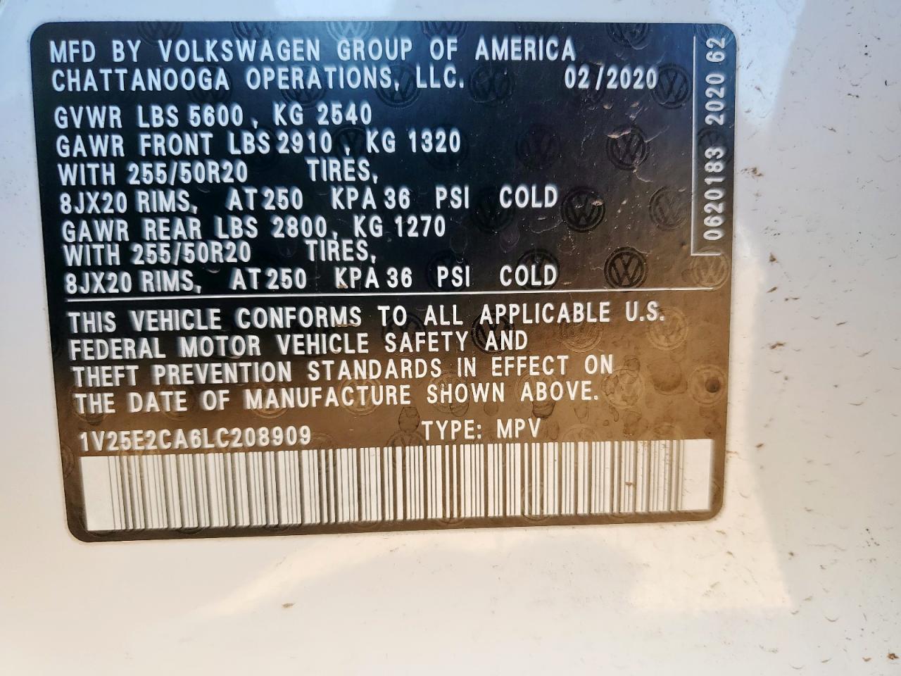 2020 Volkswagen Atlas Cross Sport Se VIN: 1V25E2CA6LC208909 Lot: 80108335