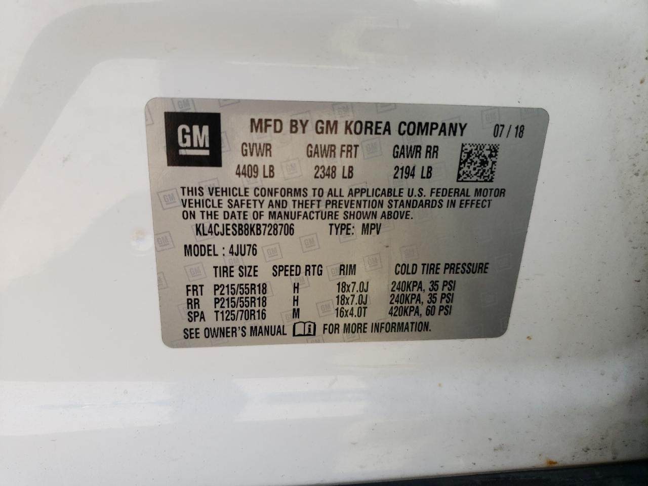 2019 Buick Encore Preferred VIN: KL4CJESB8KB728706 Lot: 71418345