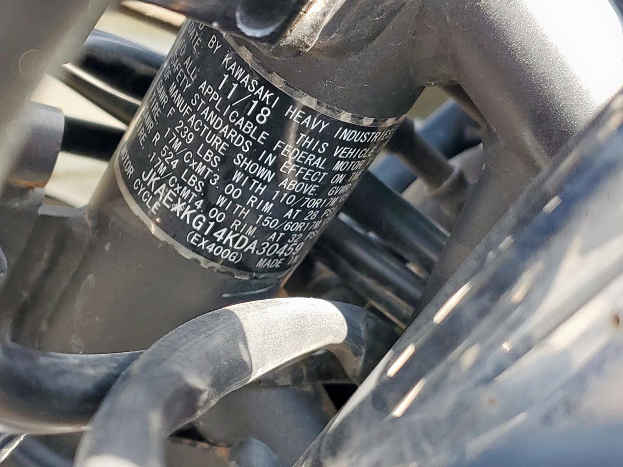 2019 Kawasaki Ex400 VIN: JKAEXKG14KDA30459 Lot: 71921205