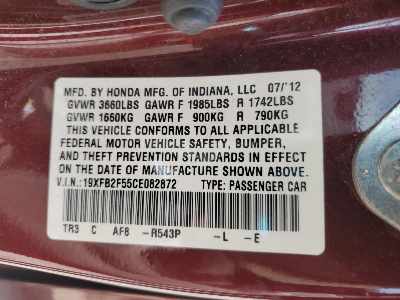 2012 Honda Civic Lx VIN: 19XFB2F55CE082872 Lot: 71471515