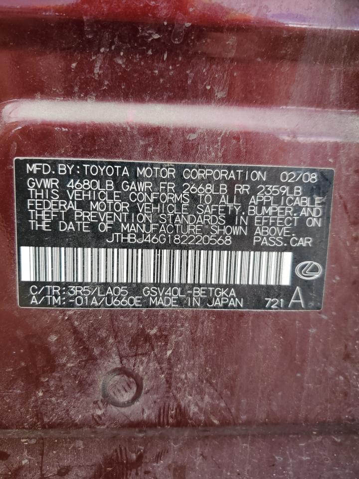 2008 Lexus Es 350 VIN: JTHBJ46G182220568 Lot: 80205585