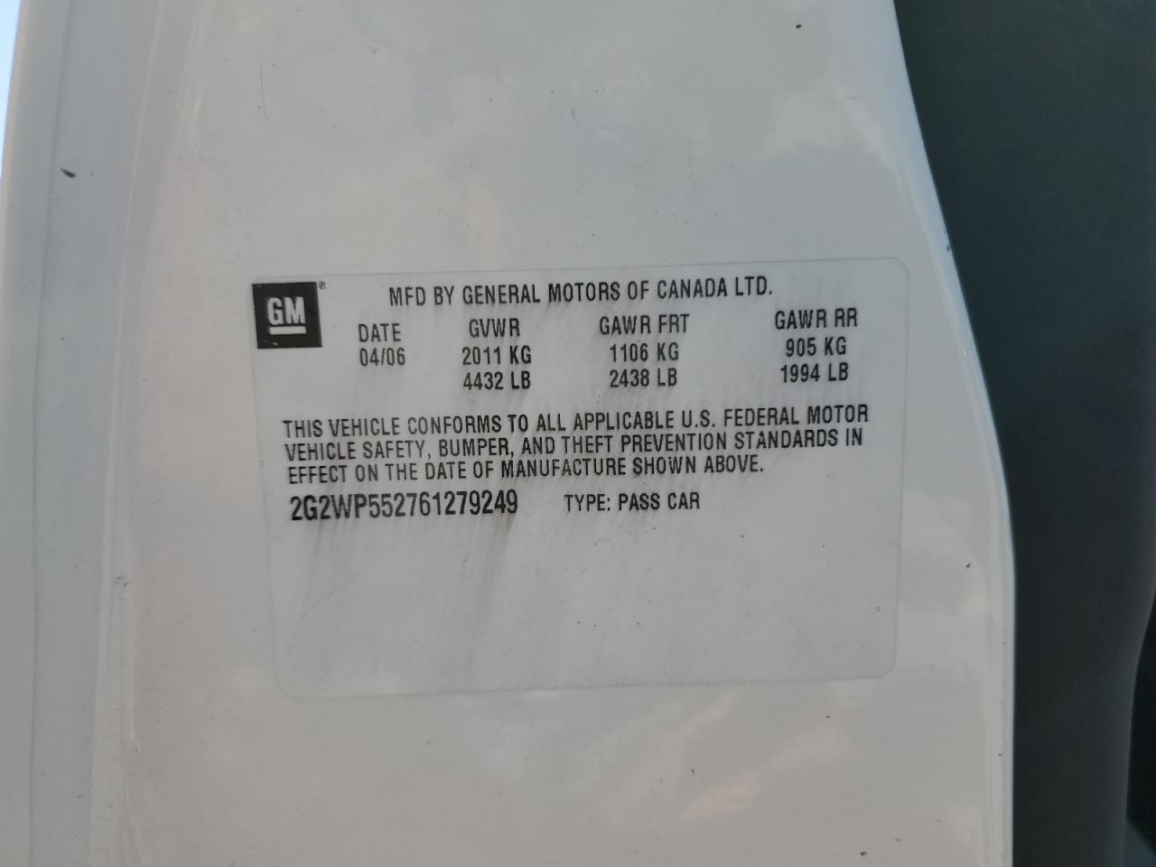 2006 Pontiac Grand Prix VIN: 2G2WP552761279249 Lot: 80170075