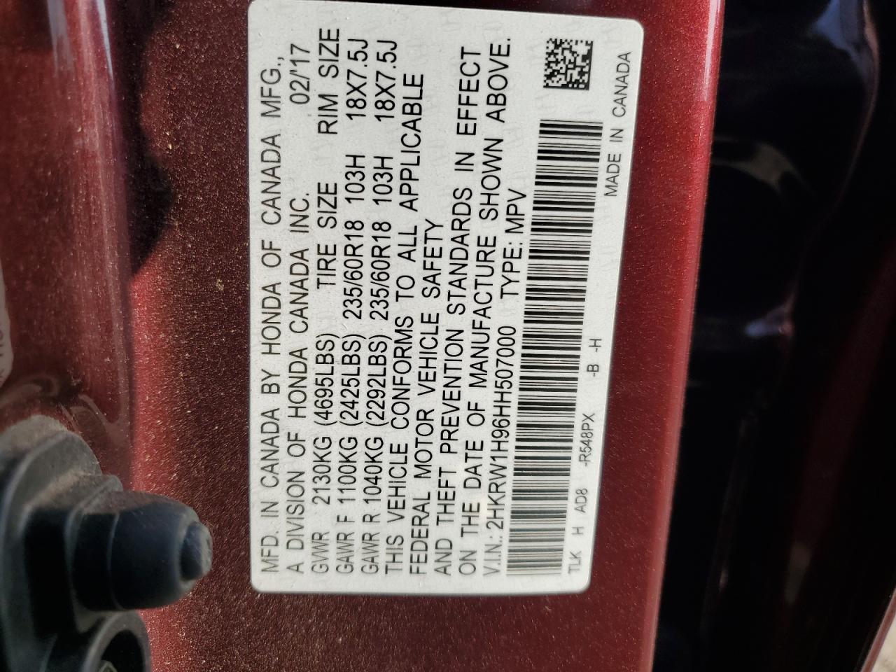 2017 Honda Cr-V Touring VIN: 2HKRW1H96HH507000 Lot: 84282385