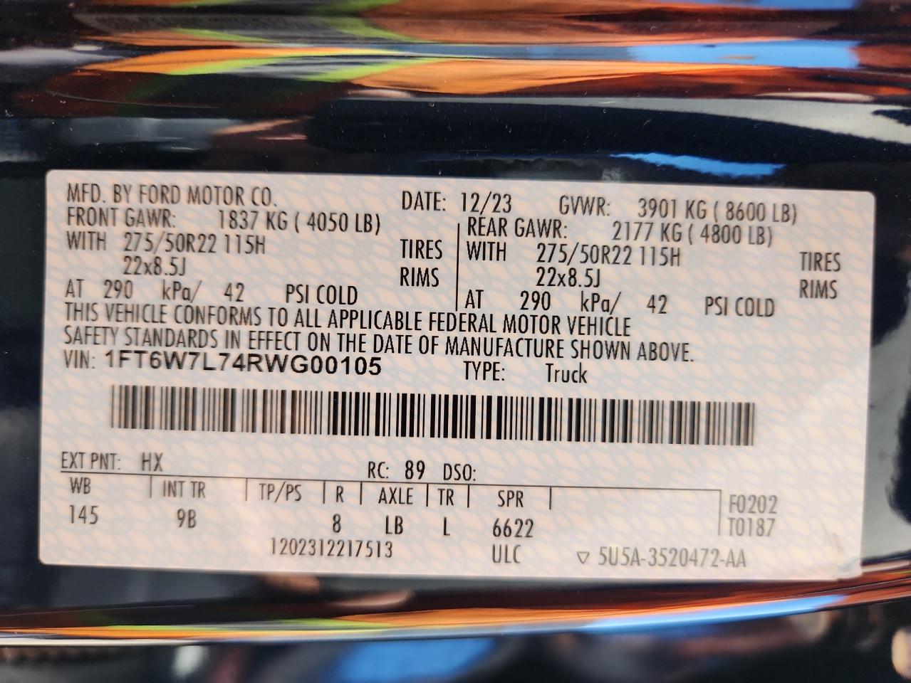 2024 Ford F150 Lightning Platinum VIN: 1FT6W7L74RWG00105 Lot: 81306705