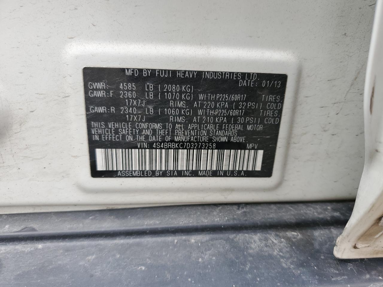 2013 Subaru Outback 2.5I Limited VIN: 4S4BRBKC7D3273258 Lot: 81100995