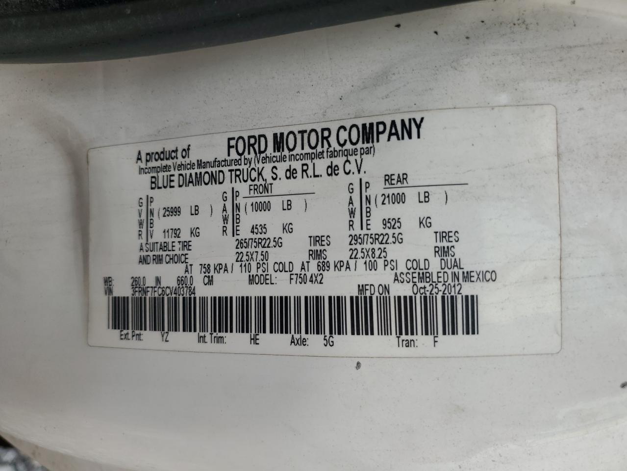 2012 Ford F750 Super Duty VIN: 3FRNF7FC6CV403784 Lot: 83995085