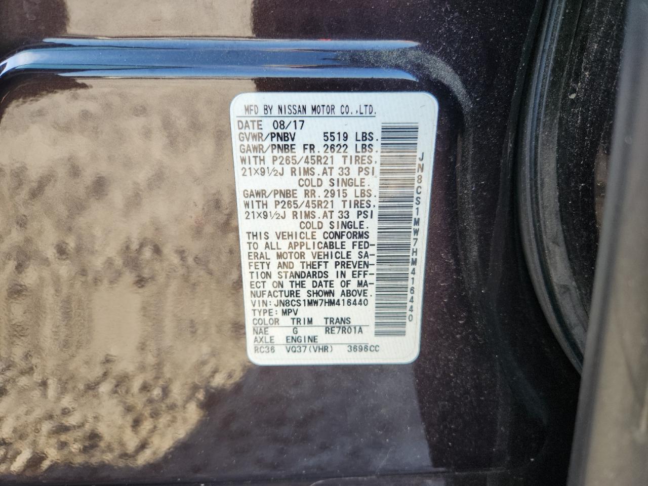 2017 Infiniti Qx70 VIN: JN8CS1MW7HM416440 Lot: 80824995