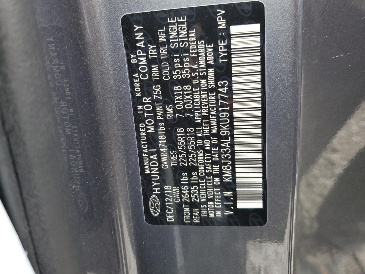 2019 Hyundai Tucson Limited VIN: KM8J33AL9KU917743 Lot: 71550415