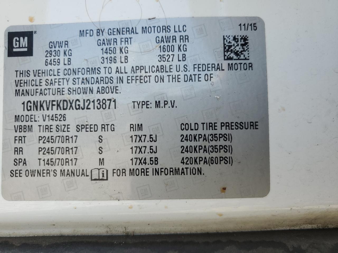 2016 Chevrolet Traverse Ls VIN: 1GNKVFKDXGJ213871 Lot: 71159865