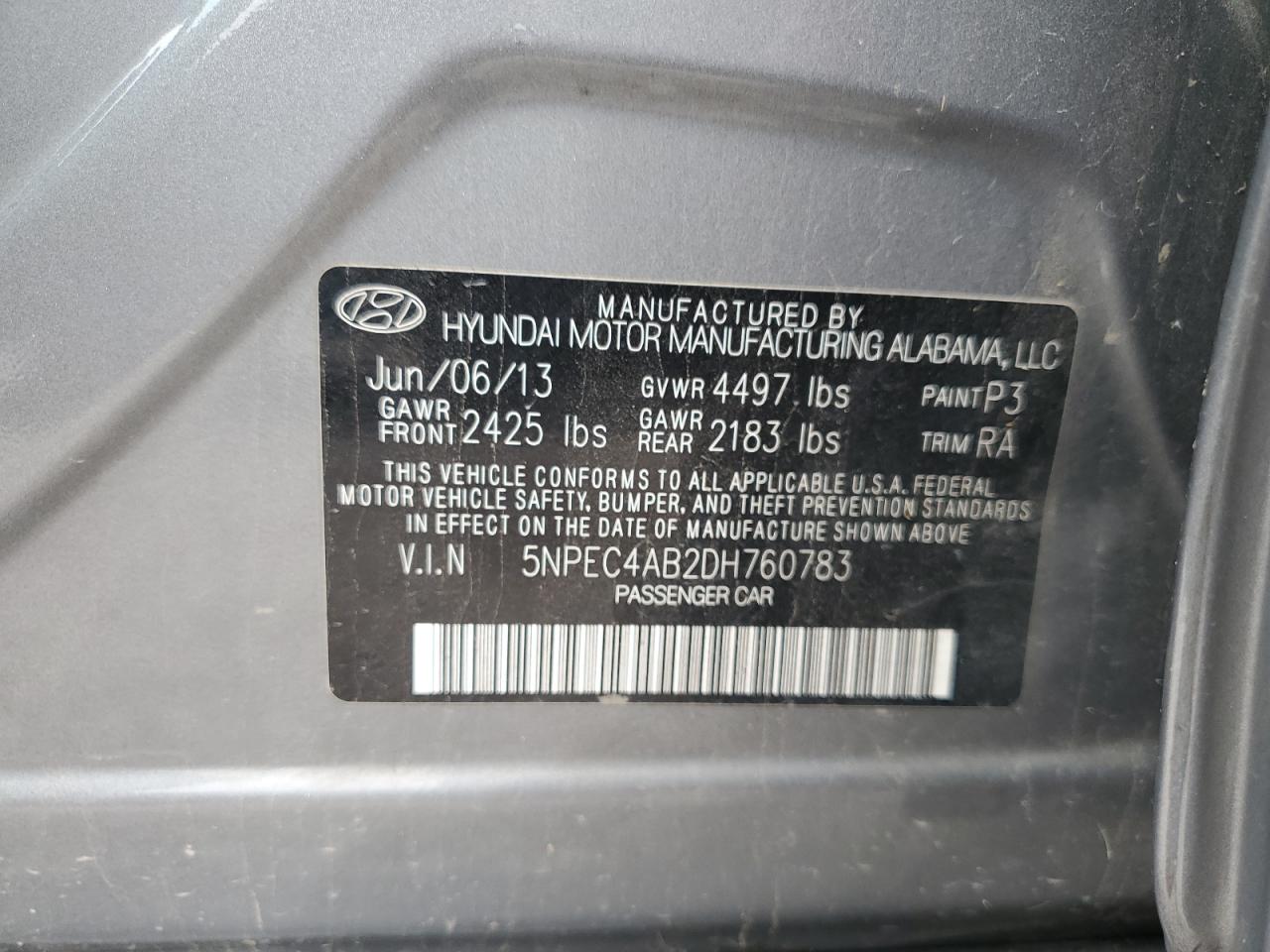 2013 Hyundai Sonata Se VIN: 5NPEC4AB2DH760783 Lot: 81413195