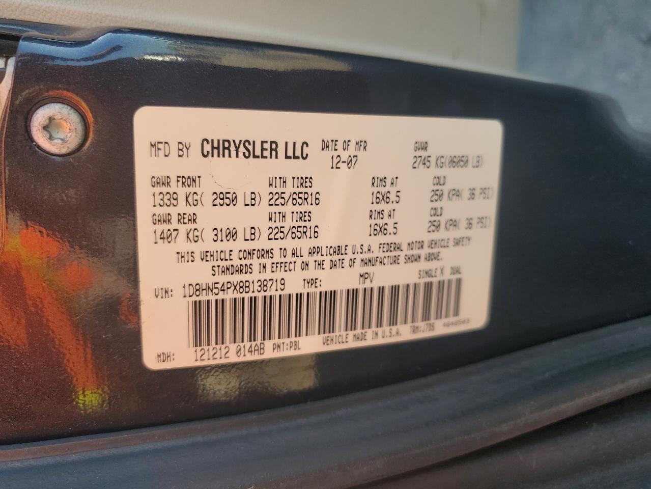 2008 Dodge Grand Caravan Sxt VIN: 1D8HN54PX8B138719 Lot: 81838145
