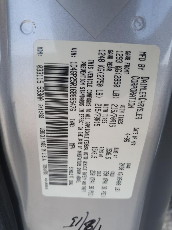 2006 Dodge Caravan Se VIN: 1D4GP25R16B685476 Lot: 71454285