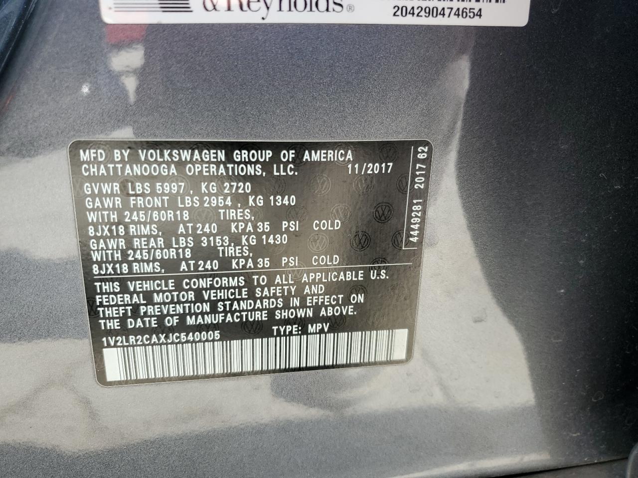 2018 Volkswagen Atlas Se VIN: 1V2LR2CAXJC540005 Lot: 80955835