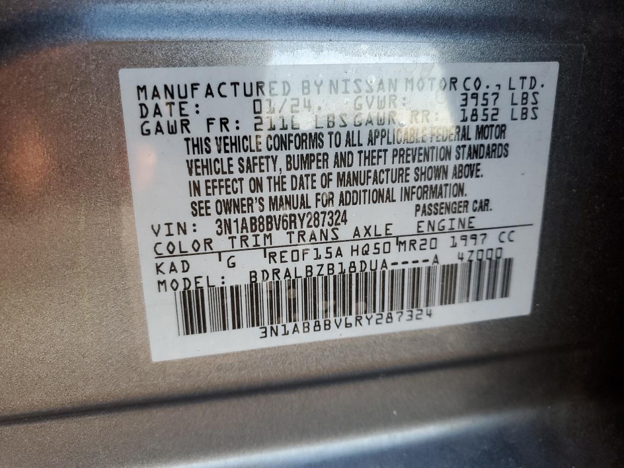 2024 Nissan Sentra S VIN: 3N1AB8BV6RY287324 Lot: 84281695