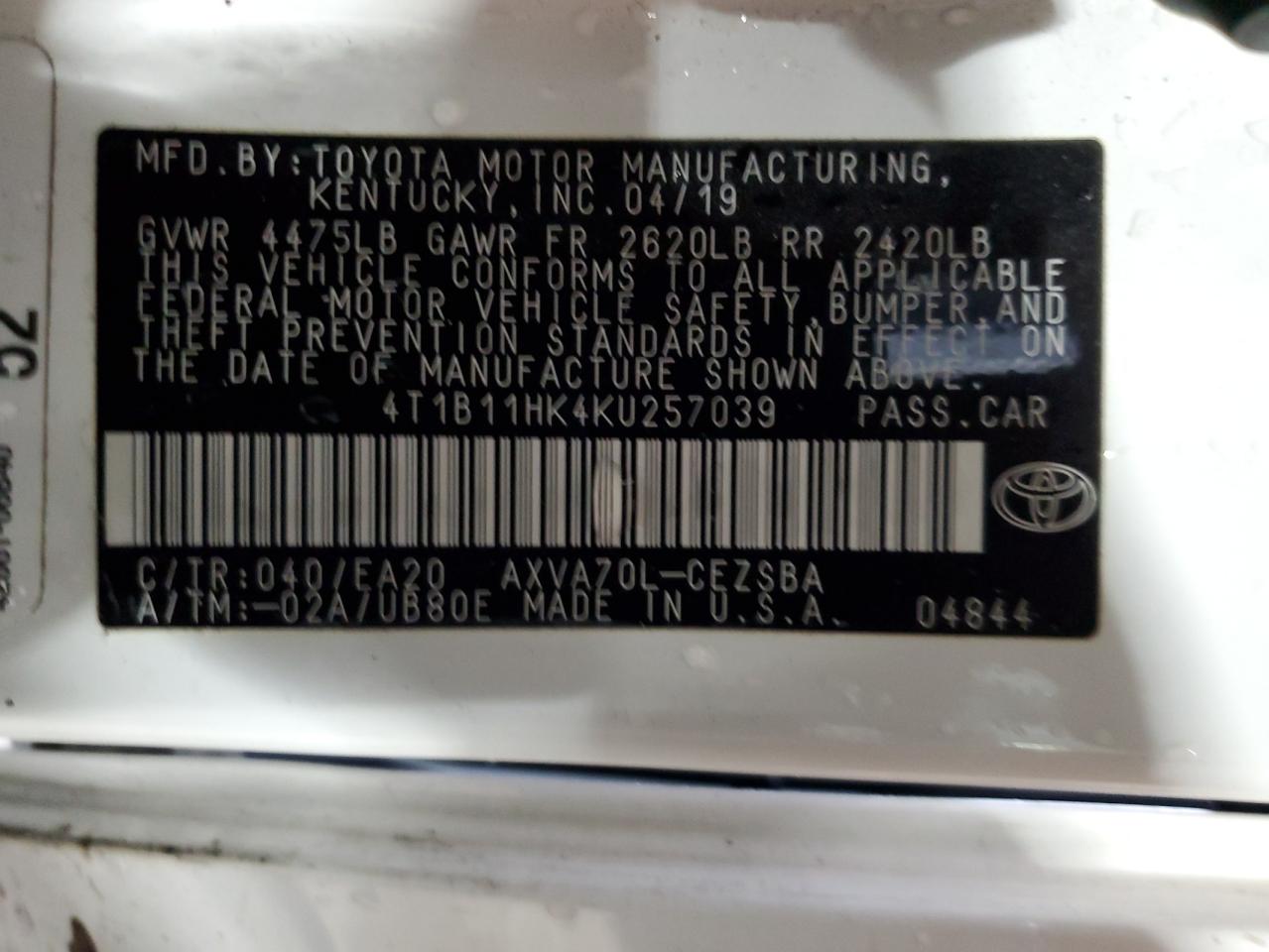2019 Toyota Camry L VIN: 4T1B11HK4KU257039 Lot: 81136485