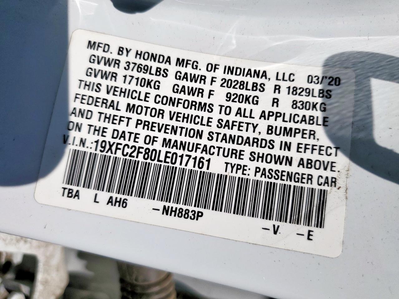 2020 Honda Civic Sport VIN: 19XFC2F80LE017161 Lot: 71628825