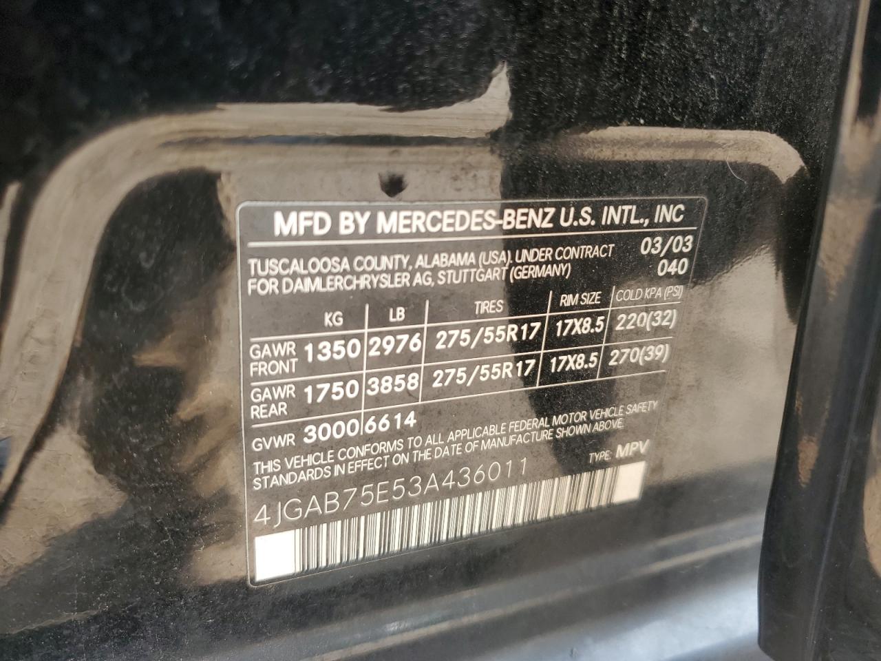 2003 Mercedes-Benz Ml 500 VIN: 4JGAB75E53A436011 Lot: 71079585