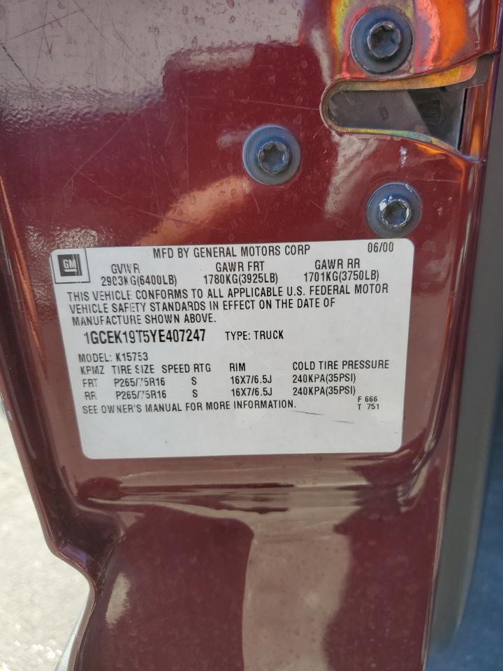 2000 Chevrolet Silverado K1500 VIN: 1GCEK19T5YE407247 Lot: 83828955